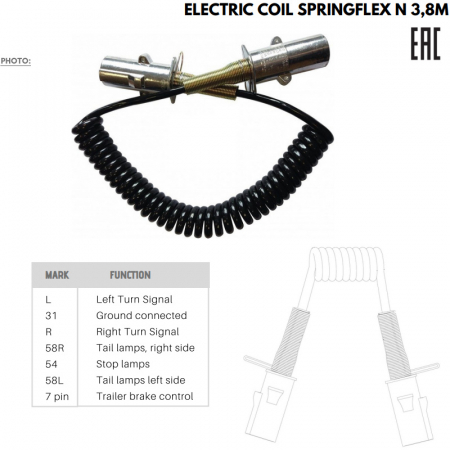 Cablu electric spiralat remorca, 7 pini, tip N, 3.8m, 24V, HYFLEX, stecher metalic - Truck LED  E1202 [2]