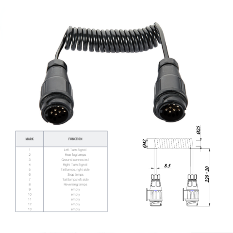 Cablu Spiralat Electric, 13 Pini, 12V, 8 Fire, 1,5m, Conector Remorca [3]