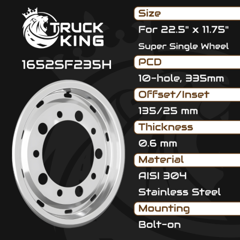 Capac Janta Fata 22,5x11,75 ET135 Super Single, Inox, 10 Gauri, PCD 335mm, Prindere cu Suruburi [4]