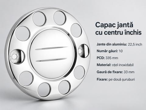 Capac pentru janta din aluminiu 57,15 cm (22,5 inch), centru inchis, inox, PCD 335 mm [1]