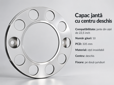 Capac pentru janta din otel 57,15 cm (22,5 inch), centru deschis, inox, PCD 335 mm [11]