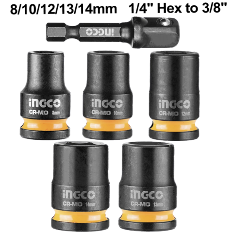Seturi si accesorii pentru gaurit, insurubat si amestecat - Set Chei Tubulare de Impact 3/8", 6 piese Cr-Mo, 8-14 mm, cu adaptor 1/4" hex la 3/8"
