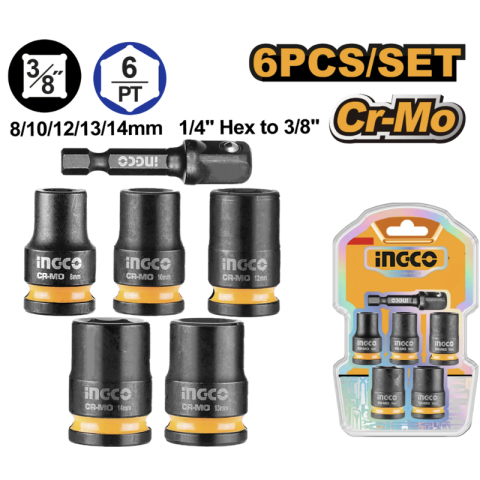 Set Chei Tubulare de Impact 3/8", 6 piese Cr-Mo, 8-14 mm, cu adaptor 1/4" hex la 3/8" [2]