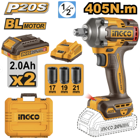 Cheie, Pistol de impact, 20V, Brushless, 405Nm, 1/2", cu tubulare 17/19/21mm, 2 acumulatori 4.0Ah si incarcator [1]