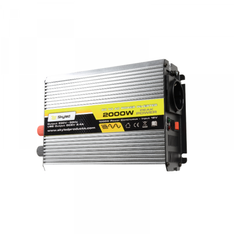 Convertor, Invertor auto, USB, 2000W (putere instantanee), 1000W putere continua, unda sinusoidala modificata, 12V - 230V, 50Hz