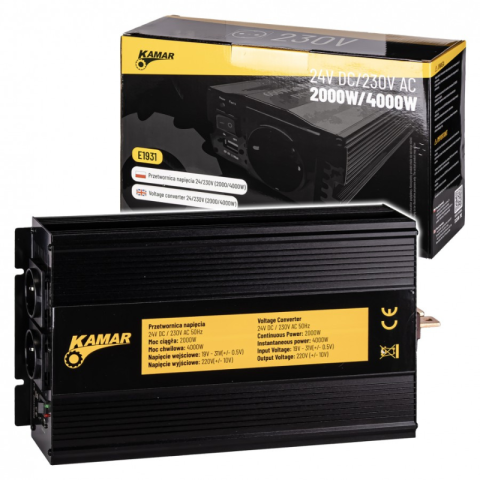 Electrice auto, camioane si remorci - Convertor Tensiune Profesional, Invertor 24V DC la 230V AC, Putere 2000W-4000W, Doua Prize Schuko, USB 2.4A