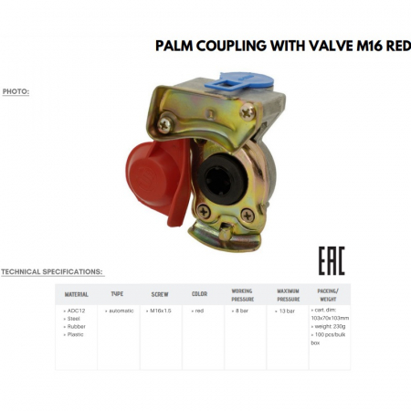 Cupla aer rosie remorca, M16, cu supapa - Truck LED P1603 [3]