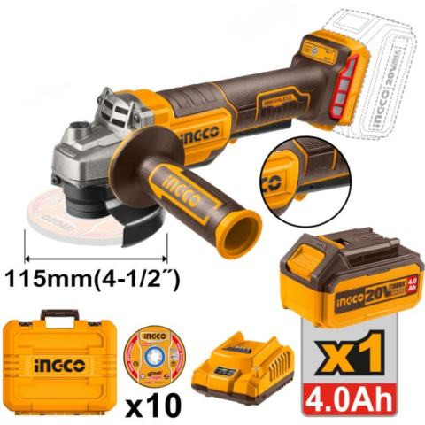 Flex Unghiular, 20V, Brushless, 115mm, 1000W, cu Acumulator 4.0Ah, incarcator si 10 discuri de taiere [1]