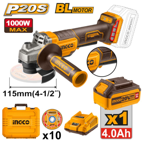 Flex Unghiular, 20V, Brushless, 115mm, 1000W, cu Acumulator 4.0Ah, incarcator si 10 discuri de taiere [3]