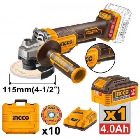 Scule electrice - Flex Unghiular, 20V, Brushless, 115mm, 1000W, cu Acumulator 4.0Ah, incarcator si 10 discuri de taiere
