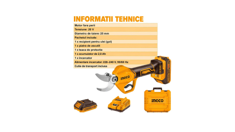Coase electrice, Motocoase, Trimmere si Accesorii - Foarfeca electrica de gradina INGCO 20V, motor Brushless, diametru de taiere pana la 30 mm, acumulator 2.0 Ah, încarcator si geanta