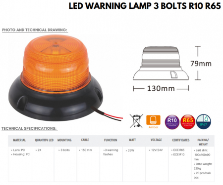 Girofar LED, 1224V, 130mm, 3 functii - Truck LED ALR0074 [2]