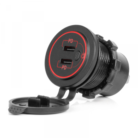 Incarcator Auto Incastrabil 12/24V, 2x USB-C, LED Rosu, Impermeabil, cu Intrerupator