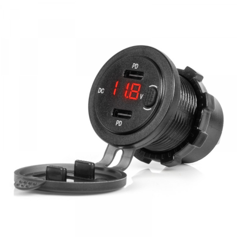 Incarcator Auto Incastrabil 12/24V, 2x USB-C, Voltmetru, LED Rosu, Impermeabil