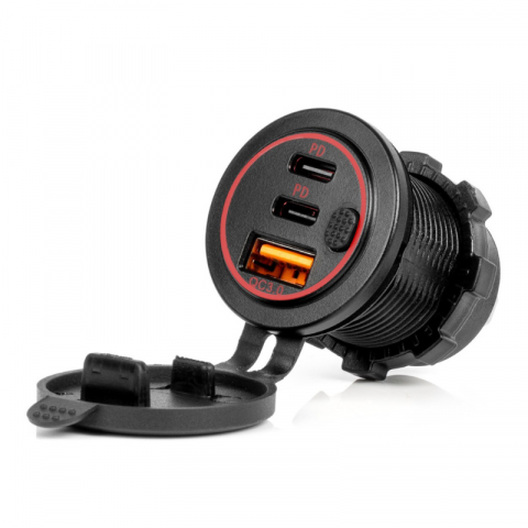 Incarcator Auto Incastrabil 12/24V, USB + 2x USB-C QC3.0, LED Rosu, Impermeabil