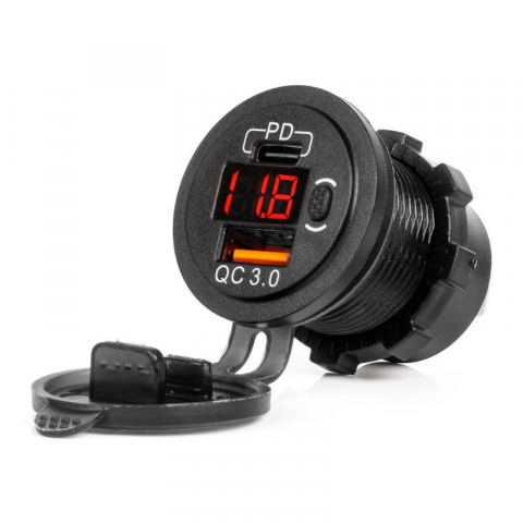 Incarcator Auto Incastrabil 12/24V, USB + USB-C QC3.0, Voltmetru LED Rosu, Impermeabil