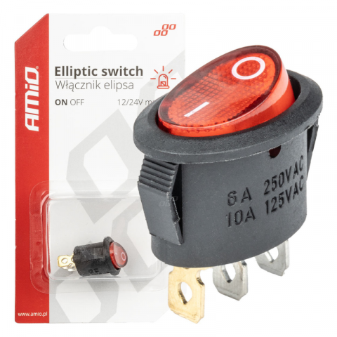 Intrerupator Auto Eliptic 12V/230V cu Lumina Rosie, BU02