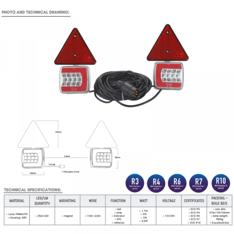 Kit complet instalatie remorca cu lampi, cablu 7.5 x 2.5m,  10.6 x 9.9cm, triple LED [2]