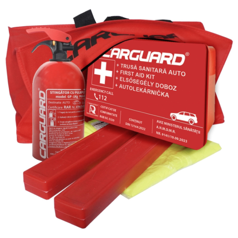 Accesorii Diverse - Kit siguranta auto complet obligatoriu RAR, stingator 1kg BC, trusa medicala, triunghiuri, vesta, geanta