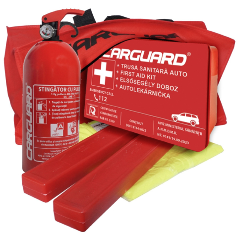 Kit siguranta auto complet obligatoriu RAR, stingator 1kg cu manometru, trusa medicala, triunghiuri, vesta, geanta