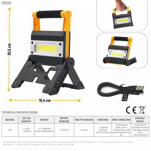 Lampa de lucru cu baterie inclusa, 1000 LM, 5 functii [6]