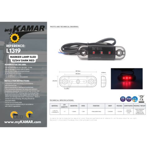 Lampa gabarit 3 LED 12/24V DARK, 8.38cm, lentila fumurie, alb/portocaliu/rosu [4]