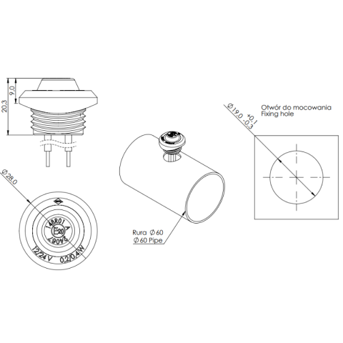 Lampa Gabarit LED GRAPHITE, 2cm, lumina pozitie, lumina gabarit, montaj tub 6cm, 12V-24V [4]