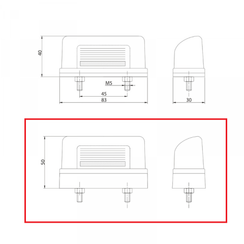 Lampa pentru numar inmatriculare si pozitie, alb cu rosu, 8.3 x 5cm, 12/24V, cu baza mare [2]
