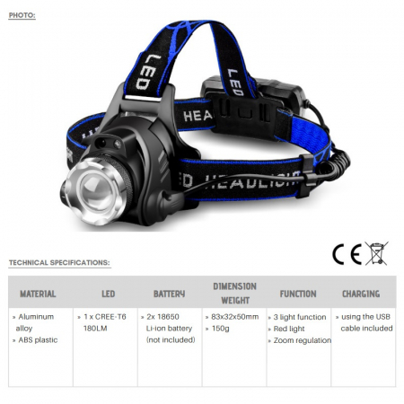 Lanterna de cap reincarcabila cu zoom si 3 moduri lumina, corp aluminiu - Truck LED LA0103 [1]