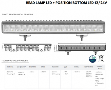 Led Bar, Faza Lunga si pozitie LED, 380mm, Proiector 45W - Truck LED L3416 [9]