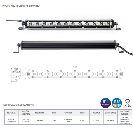 Led bar slim 12 x LED, 34.3cm, 1224V, 1200LM - Truck LED LB0102 [4]