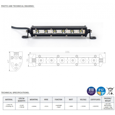 Led bar slim 6 x LED, 186cm, 1224V, 720LM - Truck LED LB0100 [4]