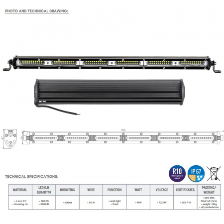Led bar slim 60 x LED, 50cm, 1224V, 3300LM - Truck LED LB0121 [2]