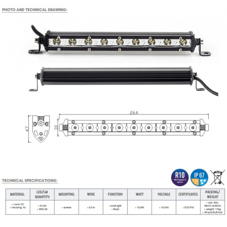 Led bar slim 9 x LED, 26.4cm, 1224V, 1200LM - Truck LED LB0101 [4]