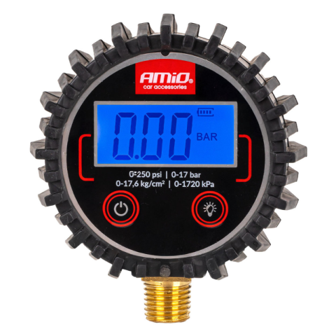 Noutati - Manometru Digital Presiune Anvelope, 0-17 Bar 0-250 PSI, Carcasa Cauciuc Protectie, Citire Rapida, Display Digital Iluminat, Precizie
