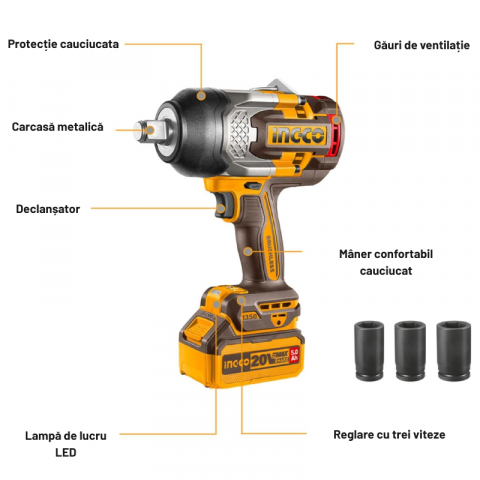 Masina de insurubat cu Impact fara Perii Ingco, 20V, 1900 Nm, 3/4" [3]