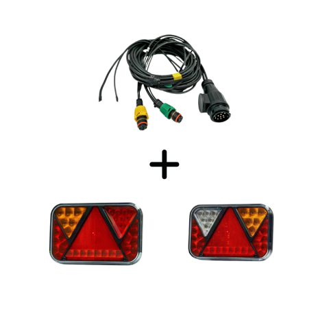 Seturi Lampi Spate Triple - Pachet iluminare remorca FT-270 LED, 2 triple cu triunghi reflectorizant + instalatie electrica 10 m, stecher 13 pini, mufe baionet 5 pini, 12/24V