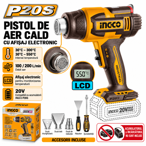 Pistol aer cald 20V cu LCD, 30-550C, P20S [4]