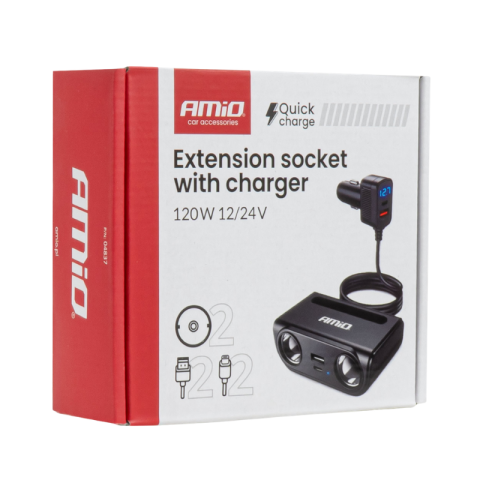 Prize bricheta & USB - Prelungitor bricheta auto, 120W cu 2 prize, USB-C, USB-A