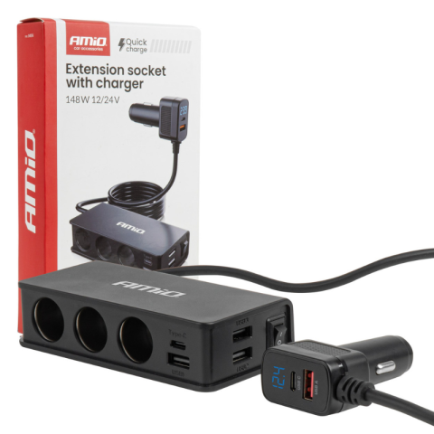 Prize bricheta & USB - Prelungitor bricheta auto, 3 prize, 4 USB, 148W, QC PD