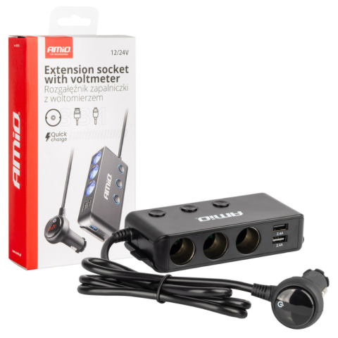 Electrice auto, camioane si remorci - Multiplicator Priza Bricheta Auto, 3 Socluri 200W, 4 Porturi USB Quick Charge QC3.0 PD, Cablu 1m, Volmetru LED 12-24V