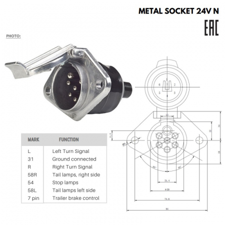 Priza metalica electrica pentru remorca cu 7 pini, tip N, 24V - Truck LED E1233-A [2]