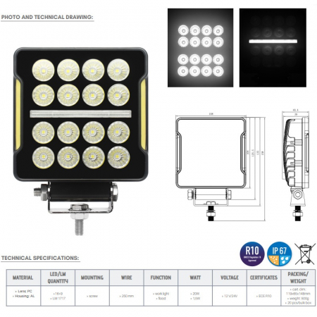 Proiector auto cu LED, faza si pozitie, flood, 10.8 x 10.8 x 4cm, 1717lm, 20W [2]