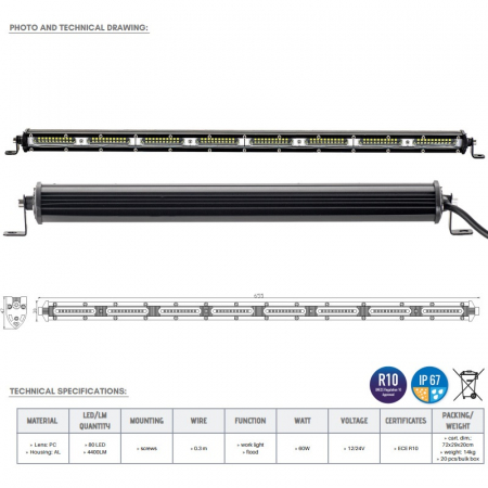 Proiector auto led bar slim 80 x LED, 65.5cm, 1224V, 4400LM - Truck LED LB0122 [3]