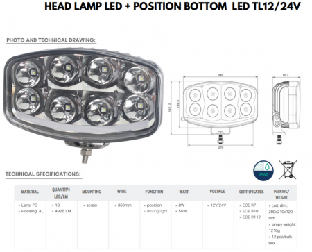 Proiector Full-Led, Pozitie si Faza Lunga Led, 1224V, Dreptunghiular - Oval, Jumbo - Truck LED L3413 [12]