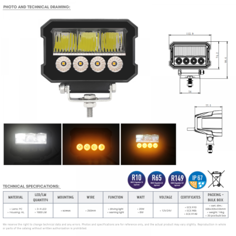Proiector LED cu stroboscop, 12/24V, 1600LM, 11.29 x 7.42cm [5]