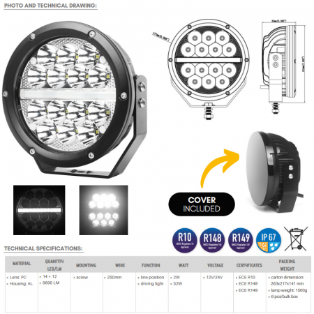 Proiector LED rotund cu pozitie si capac de protectie, 17.7cm - Truck LED L3427 [15]