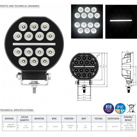 Proiector auto rotund cu LED, faza si pozitie, flood, 10.8 x 4.5cm, 1300lm, 18W [7]
