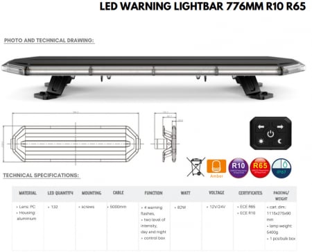 Rampa girofar LED, 766mm, 1224V, joc lumini, cu telecomanda - Truck LED BLK0040 [8]