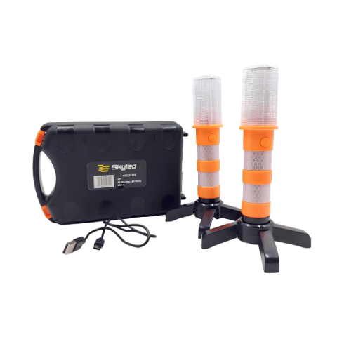 Noutati - Set 2 lampi LED de avertizare intermitenta, lumina 360°, 3 moduri, incarcare USB-C, IP54, Ø3.5 x 11 cm, cu valiza